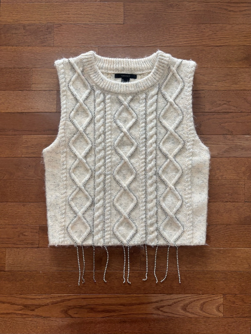 Forever 21 Cream Knit Sweater Vest with Rhinestone Fringe Embellishments